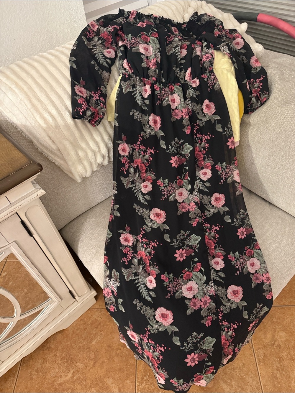 Nine West Black Off-Shoulder Maxi Dress with Pink Floral Print